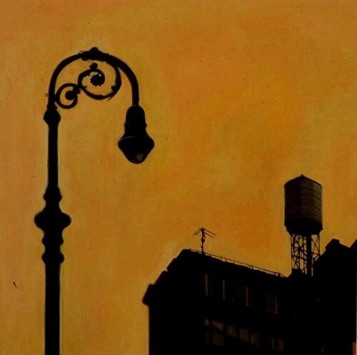 Watertower with lamp post -  orange sky van Sonya Sklaroff, Schilderij te koop op Singulart