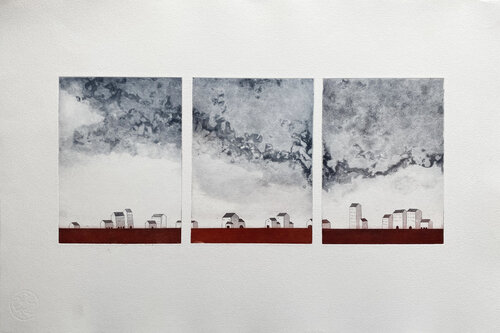 Plein ouest - gravure - triptyque by Dorine Knecht, 종이 for Sale on Singulart