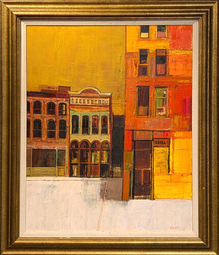 "Washington Street" Modern Abstract Warm Toned Downtown City Street Scene de Herbert Mears, Pintura a la venta en Singulart