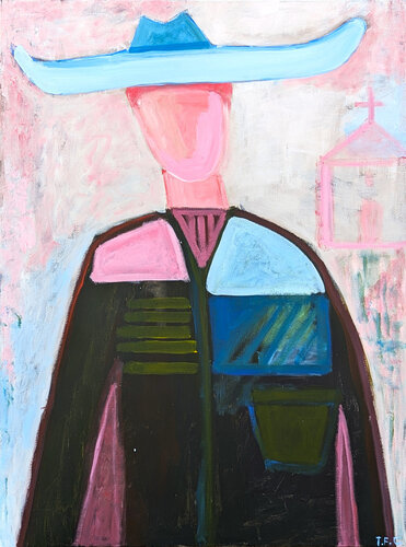 Contemporary Pastel Gestural Western Abstract Faceless Pink Cowboy in Blue Hat di Tyler Casey, Pittura in vendita su Singulart