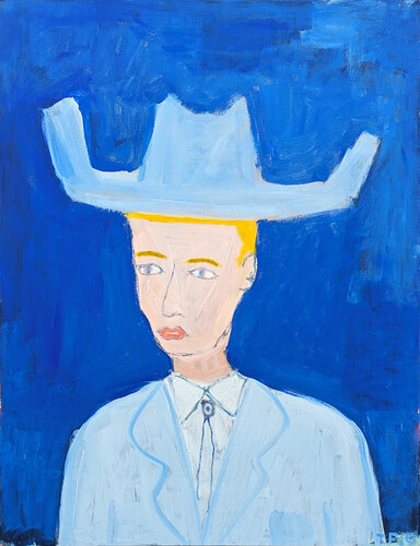 Contemporary Gestural Western Abstract Cowboy Portrait Painting in Blue di Tyler Casey, Pittura in vendita su Singulart