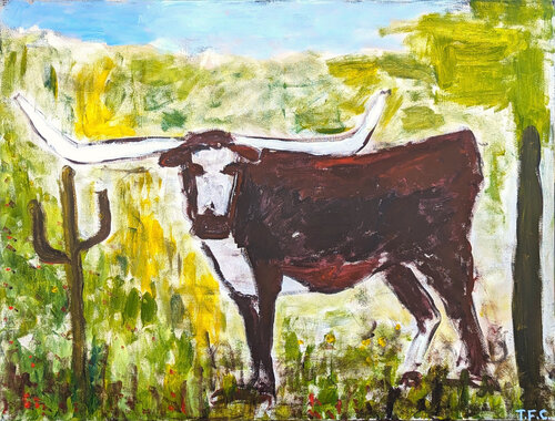 "Longhorn" Contemporary Gestural Western Abstract Animal Landscape Painting di Tyler Casey, Pittura in vendita su Singulart