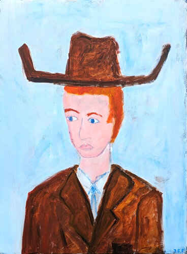 Contemporary Gestural Western Abstract Cowboy Portrait Painting in Brown & Blue di Tyler Casey, Pittura in vendita su Singulart