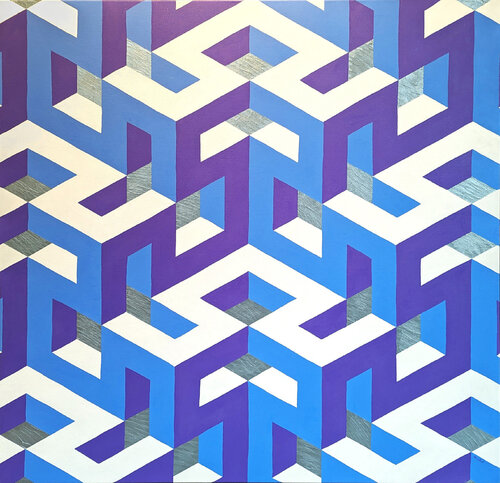 Contemporary Purple, Blue, & Metallic Silver Tessellated Abstract Painting von Austin Magruder, Malerei kaufen auf Singulart