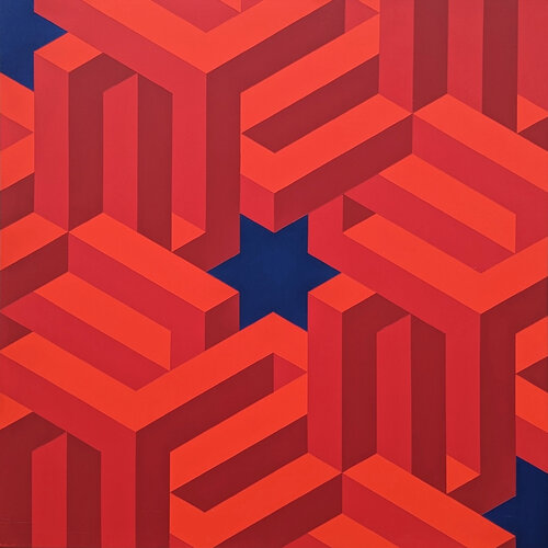 Contemporary Red & Navy Colorful Tessellated Geometric Star Abstract Painting von Austin Magruder, Malerei kaufen auf Singulart