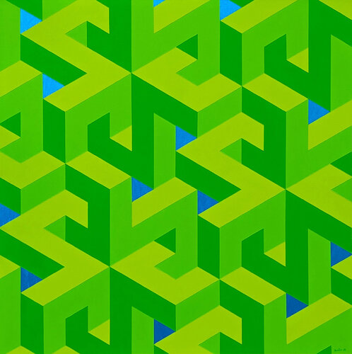 Contemporary Lime Green & Blue Colorful Tessellated Geometric Abstract Painting van Austin Magruder, Schilderij te koop op Singulart