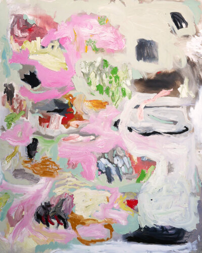 "Untitled (Pink and Green Abstract)" Contemporary Pastel Expressionist Painting von Benji Stiles, Malerei kaufen auf Singulart