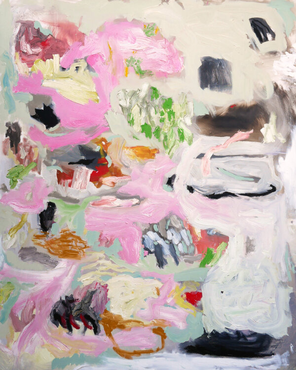 "Untitled (Pink and Green Abstract)" Contemporary Pastel Expressionist Painting Benji Stiles