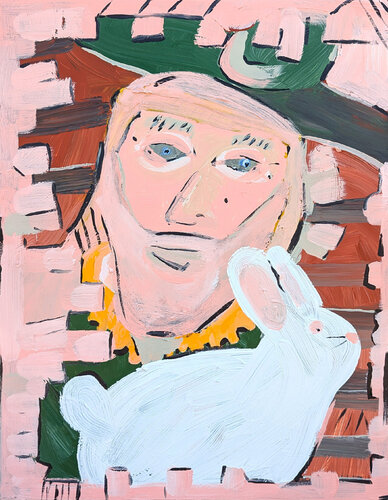 "Just a Rabbit" Contemporary Pink, Green, & Yellow Figurative Portrait Painting by Matthew Reeves, Painting for Sale on Singulart