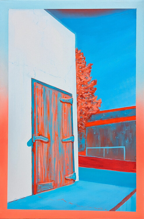 "Electric Door" Red and Blue Contemporary Abstract Landscape Painting Nathan Sing