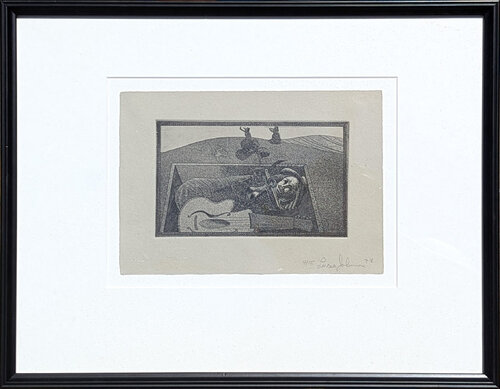 Modern Black & White Surrealist Etching of a Figure & Guitar in a Grave Ed. 4/15 van Lucas Johnson, Schilderij te koop op Singulart