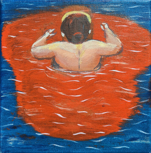 "Mujer Cruzando El Rio Bravo" Contemporary Figurative Seascape Painting von Moisés Villafuerte, Malerei kaufen auf Singulart