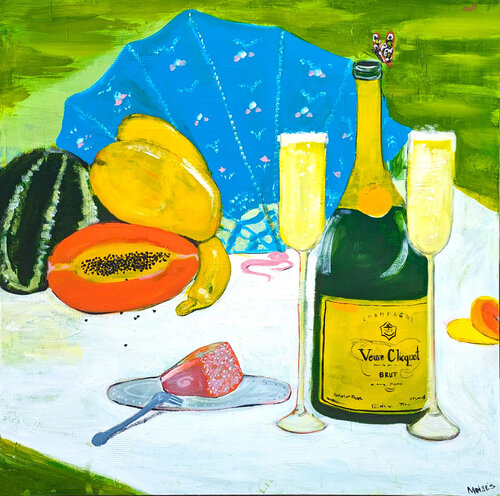 Colorful Contemporary Naturalistic Still Life of Picnic with Champagne and Fruit van Moisés Villafuerte, Schilderij te koop op Singulart