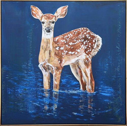 Contemporary Naturalistic Blue Toned Landscape Painting of A Deer in Water van Moisés Villafuerte, Schilderij te koop op Singulart