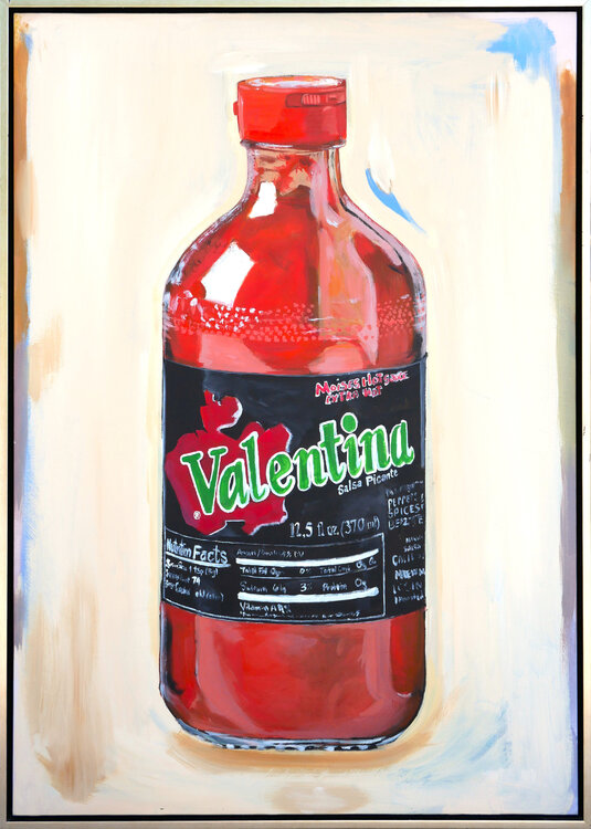 Contemporary Realist Red Toned Still Life Painting of Valentina Hot Sauce Bottle Moisés Villafuerte