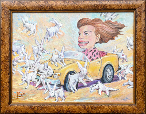"Bunny Bashing" Contemporary Pastel Surrealist Landscape Painting Henry David Potwin