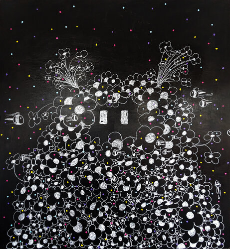 “Kokoro Covered in Flowers” Contemporary Figurative Mixed Media Painting Mr. Tomonoshi