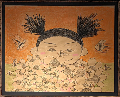 “A Closer Look” Contemporary Figurative Crayon Drawing Mr. Tomonoshi