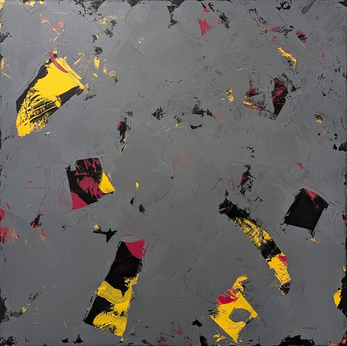 “Into the Vortex” Contemporary Yellow, Pink, and Grey Abstract Painting von Winifred Booth, Malerei kaufen auf Singulart