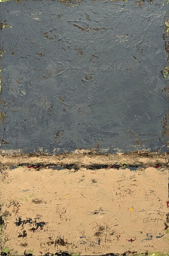 “Washed Ashore” Contemporary Blue and Tan Abstract Expressionist Painting di Winifred Booth, Pittura in vendita su Singulart