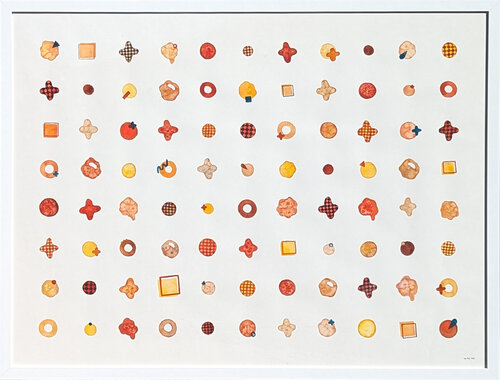 Contemporary Colorful Orange Toned Watercolor Geometric Dot Grid Painting van Tina Ruyi, Schilderij te koop op Singulart