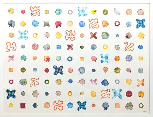 "Scribbles & Blobs" Contemporary Colorful Watercolor Geometric Dot Grid Painting van Tina Ruyi, Schilderij te koop op Singulart