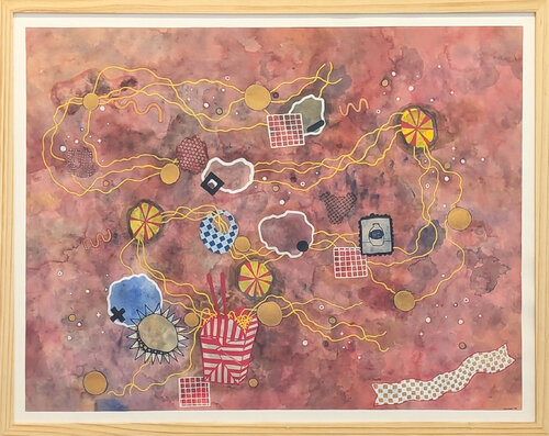 Contemporary Colorful Maroon Toned Watercolor Abstract Noodle Painting van Tina Ruyi, Schilderij te koop op Singulart