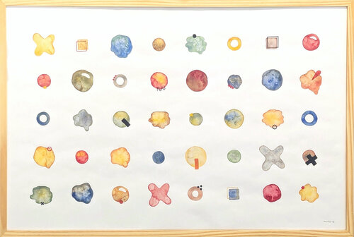 "Little Blobs" Contemporary Colorful Watercolor Geometric Dot Grid Painting de Tina Ruyi, Pintura a la venta en Singulart