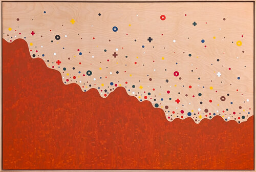 “Sprinkle” Contemporary Colorful Geometric Red, Blue, & Yellow Dot Painting by Tina Ruyi, 油畫 for Sale on Singulart