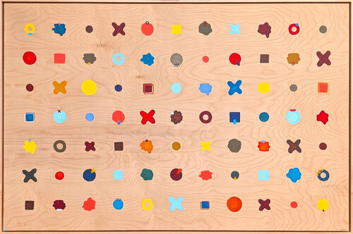 “Dots” Contemporary Colorful Geometric Blue, Red, & Yellow Dot Grid Painting by Tina Ruyi, 油畫 for Sale on Singulart