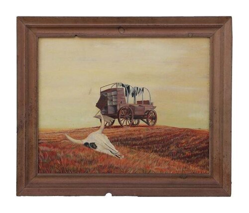 Naturalistic Western Landscape with Wagon and Cow Skull di Lem Palmer, Pittura in vendita su Singulart