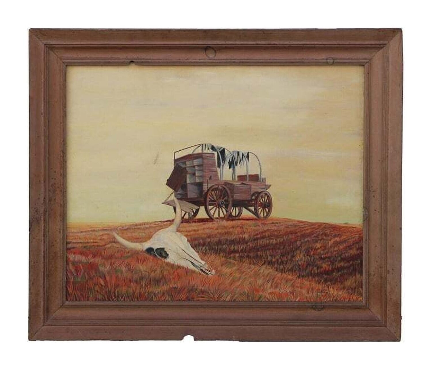 Naturalistic Western Landscape with Wagon and Cow Skull Lem Palmer Originalgemälde zu verkaufen