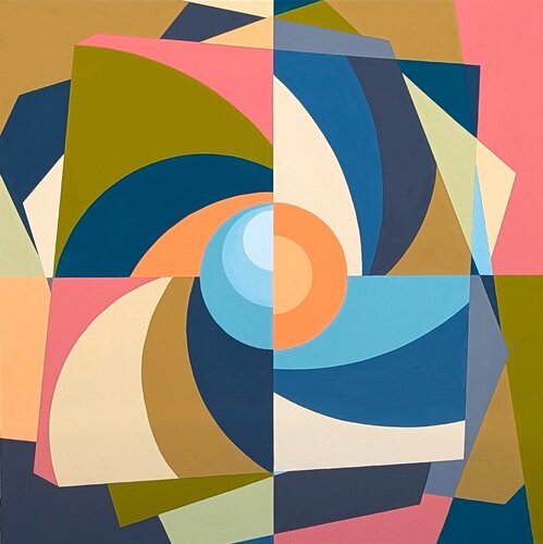 Untitled Contemporary Muted Pink, Blue, Green, & Orange Hard-Edge Abstract van Holland Geibel, Schilderij te koop op Singulart