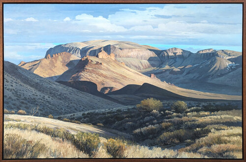 Realistic Pastel Blue and Green Toned Mountain Desert Nature Landscape Painting par David Caton, Peinture en vente sur Singulart