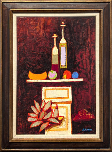 "Still Life with Bottles" Modern Warm Toned Cubist Style Abstract Tableau von David Adickes, Malerei kaufen auf Singulart