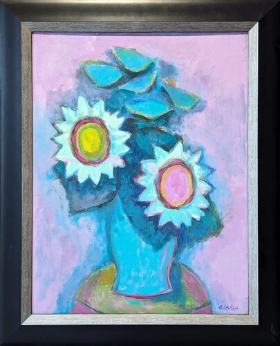 "Lavender Sunflowers" Modern Purple Toned Cubist Inspired Abstract Still Life von David Adickes, Malerei kaufen auf Singulart