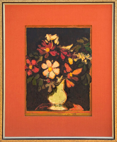 Modern Warm Toned Abstract Cubist Inspired Floral Still Life Painting von David Adickes, Malerei kaufen auf Singulart
