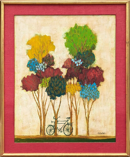 Modern Red, Green, Blue, & Yellow Abstract Landscape of a Bicycle with Trees von David Adickes, Malerei kaufen auf Singulart