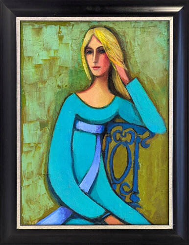 "Seated Blonde Against Green" Modern Colorful Seated Female Portrait Painting von David Adickes, Malerei kaufen auf Singulart