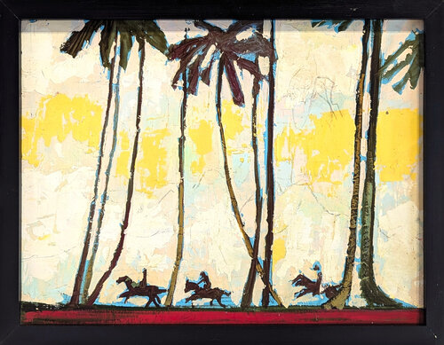 Modern Abstract Tropical Yellow Toned Landscape Painting of Three Horse Riders von David Adickes, Malerei kaufen auf Singulart