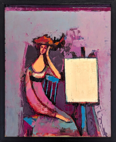 "Seated Lady, Purple Studio" Modern Colorful Seated Female Portrait Painting von David Adickes, Malerei kaufen auf Singulart