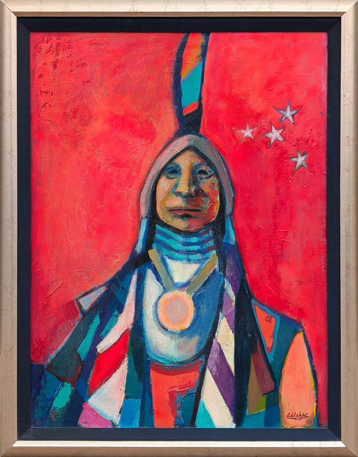 Modern Cubist Inspired Abstract Colorful Native American Figure Against Red David Adickes Dipinto originale in vendita