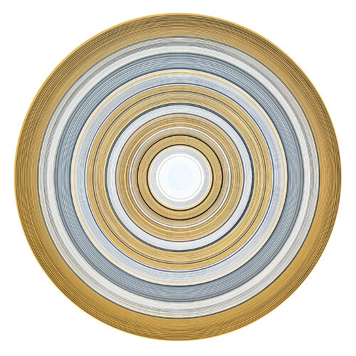 "How Soon Is Now" Contemporary Abstract Yellow Concentric Circle Painting van David Hardaker, Schilderij te koop op Singulart