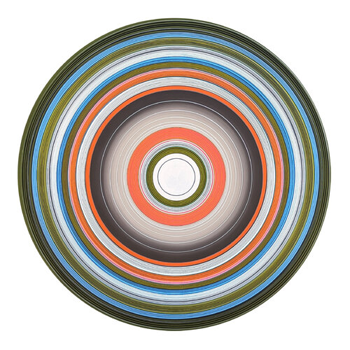 "Da Doo Ron Ron" Contemporary Orange, Blue, & Green Concentric Circle Painting van David Hardaker, Schilderij te koop op Singulart