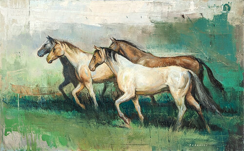 "Four Horses" Contemporary Naturalistic Equestrian Animal Painting of Horses Matthew Paoletti