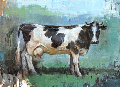 "WI. Dairy Cow" Contemporary Naturalistic Rural Animal Painting of a Cow van Matthew Paoletti, Schilderij te koop op Singulart