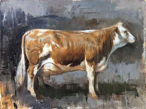 "How Now" Contemporary Naturalistic Rural Animal Painting of a Brown Cow von Matthew Paoletti, Malerei kaufen auf Singulart