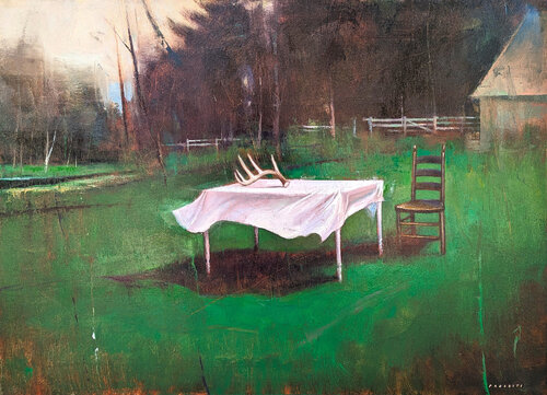 "Altar" Contemporary Surreal Abstract of Antlers on a Table in a Green Field van Matthew Paoletti, Schilderij te koop op Singulart