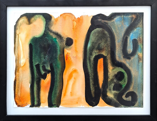 Modern Abstract Blue and Orange Toned Organic Shaped Watercolor Painting Dick Wray