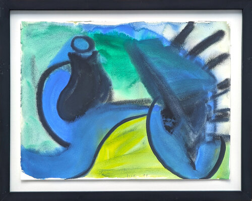 Modern Abstract Blue and Green Toned Organic Shaped Watercolor Painting Dick Wray